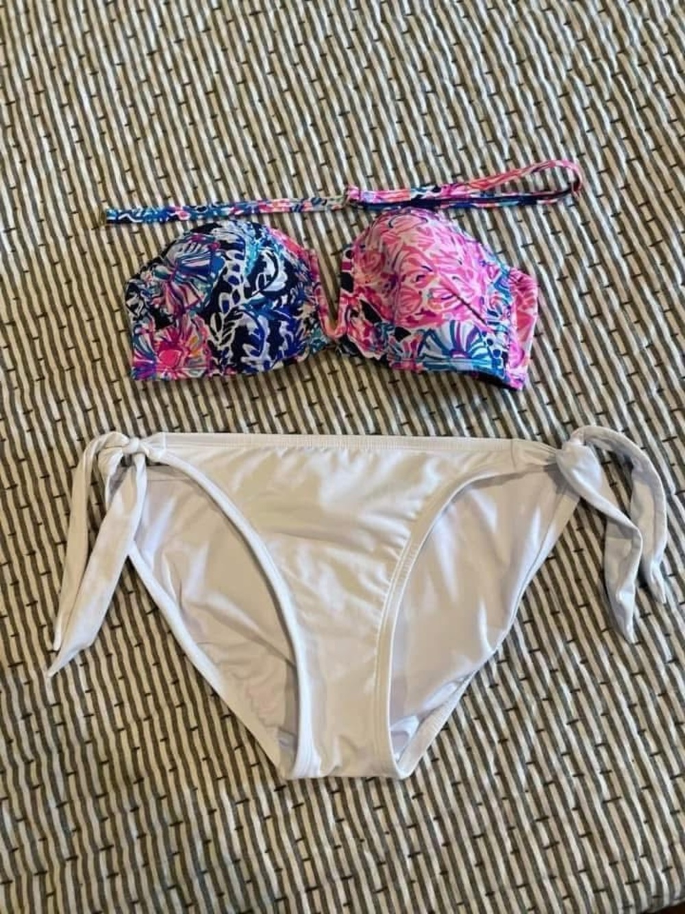 Lilly Pulitzer Pink Blue Floral Bandeau Bikini Top with White Tie-Side Bottoms